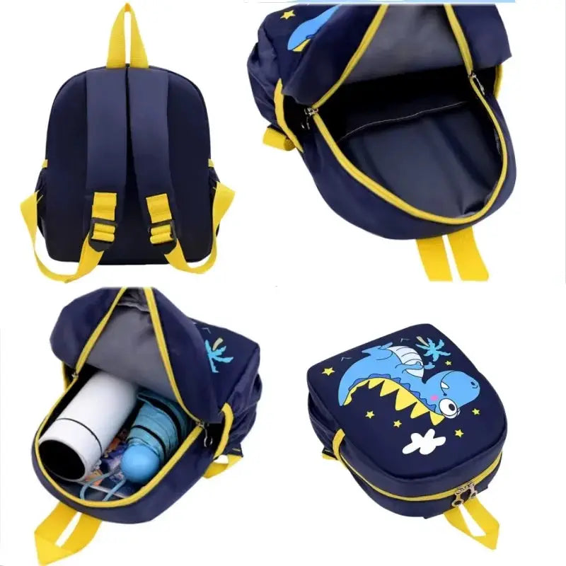 Kindergarten kids backpack set: navy canvas double backpack with yellow straps and round dinosaur-print lunch bag
