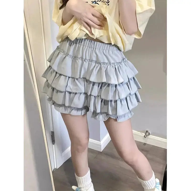 MEXZT Y2K sweet ruffles mini skirt, light blue high-waist with layered tiered frills