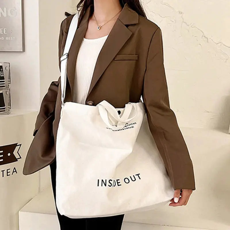 Canvas cross-body bag, white tote with large capacity and sturdy strap
