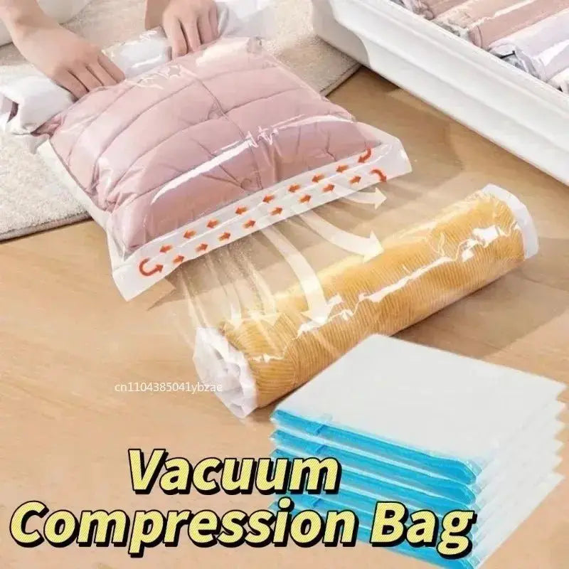 Image of vacuum compression bags for efficient storage, showcasing a pillow and rolled clothing.