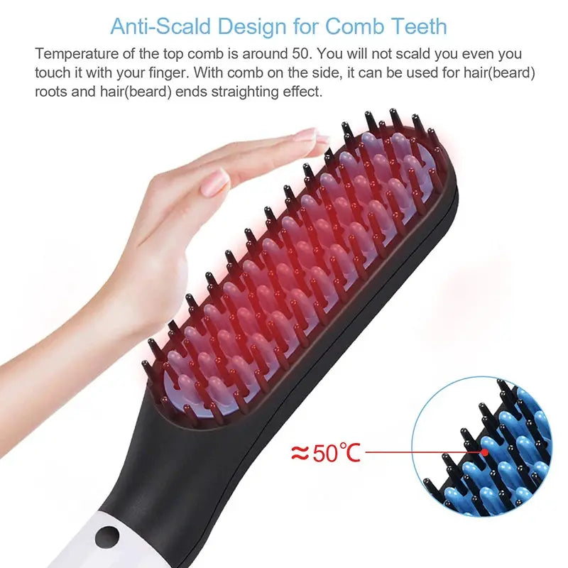 Hot comb straightener by Simples Market; electric negative-ion beard and hair styling brush with black handle.