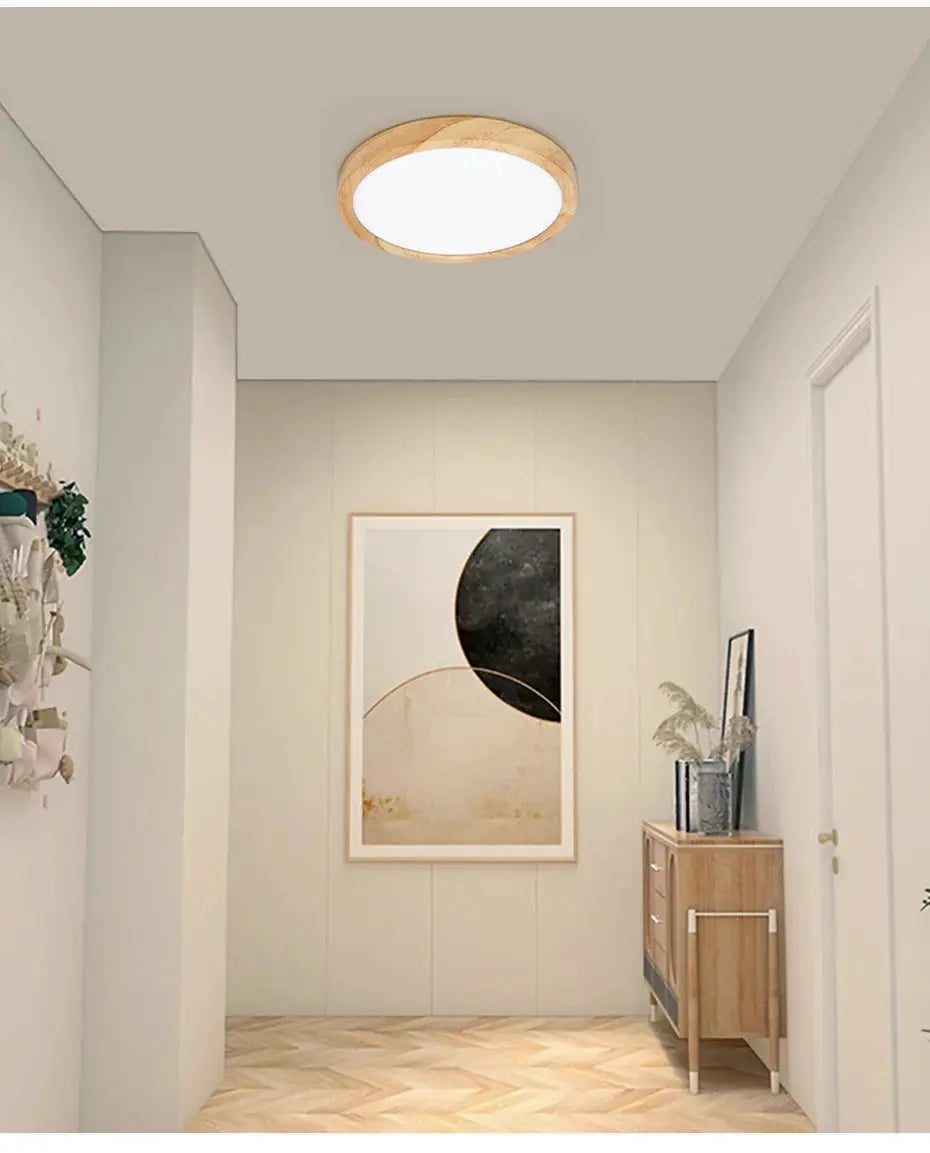 Simples Market LVL LED ceiling light with wood grain ring and white diffuser, round flush mount