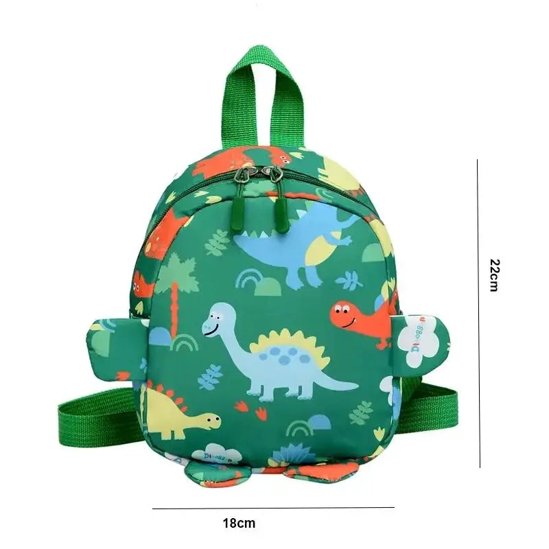 Cute cartoon dinosaur kids backpack by Simples Market, green with colorful dinosaurs and adjustable straps