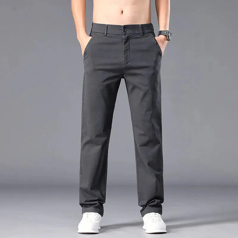Men's casual straight-fit chinos in dark gray stretch fabric with front pockets