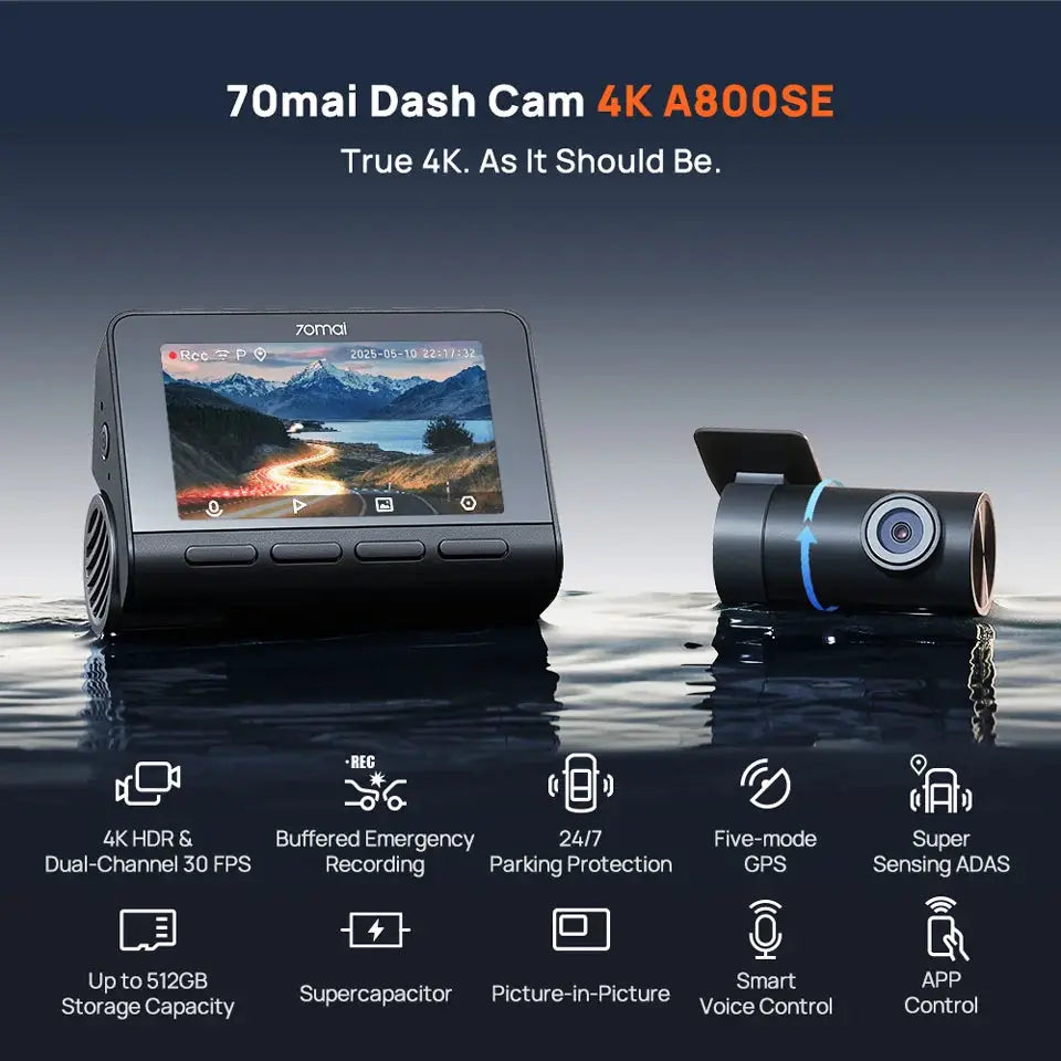 70mai Dash Cam A800SE black kit with 4K front camera and external module