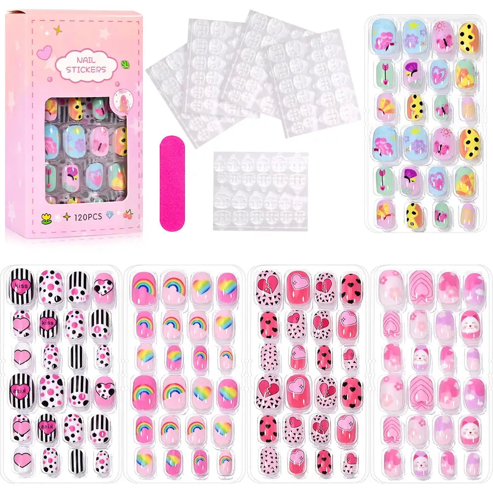 KawaiiKidz Kids Cartoon Press On Nails Acrylic Full Cover Short False Nails Safe Easy To Apply Jelly Glue 120Pcs