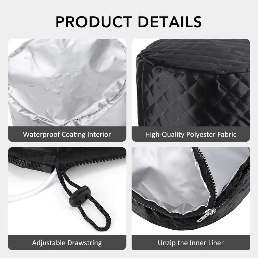 Electric hair heating cap with 10 levels; waterproof interior, quilted black polyester exterior, adjustable drawstring.