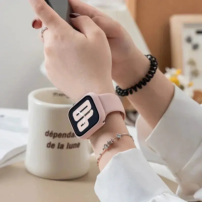 Apple Watch tempered glass screen protector and protective case with pink band