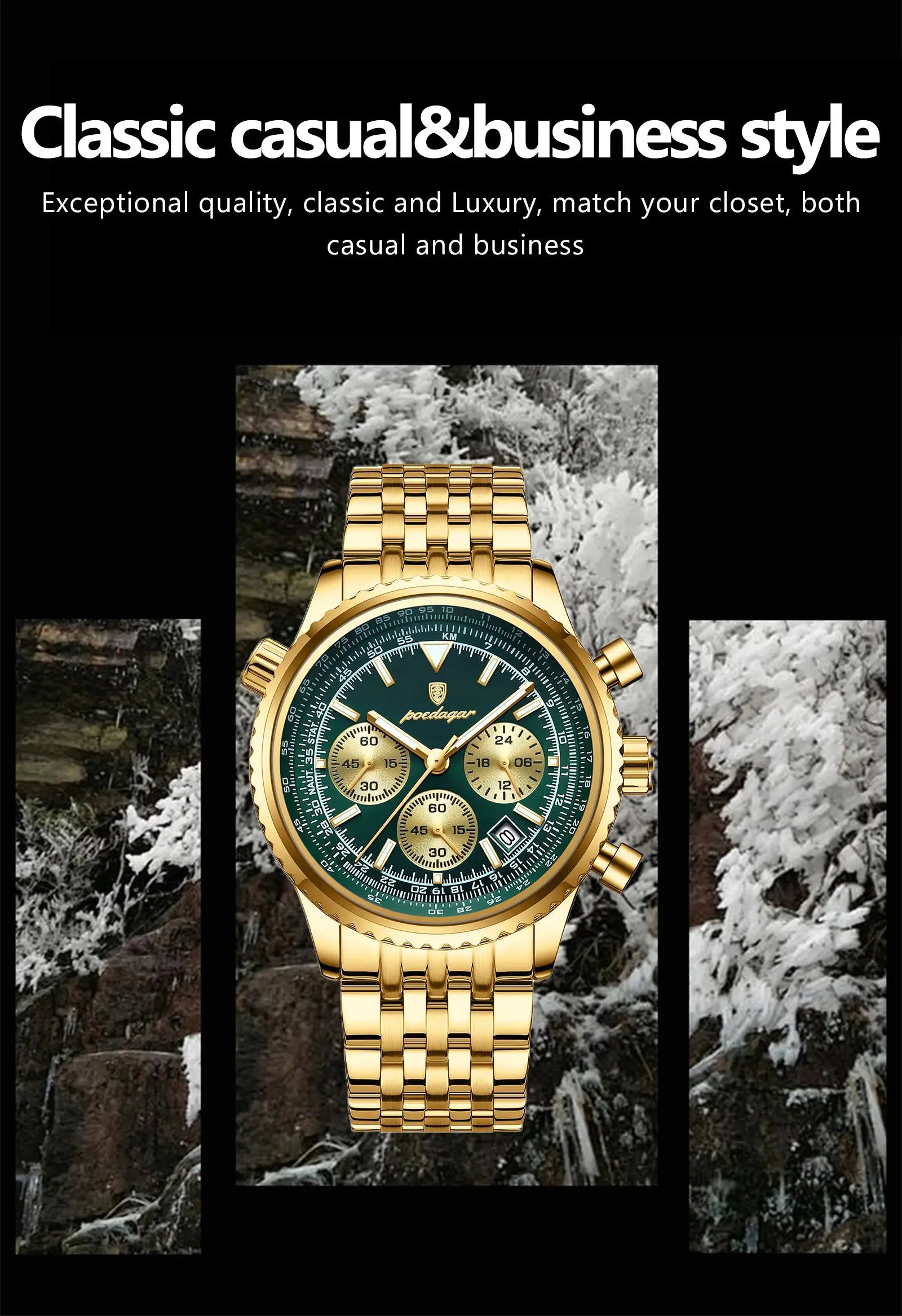 POEDAGAR men's gold-tone stainless steel chronograph watch with green dial