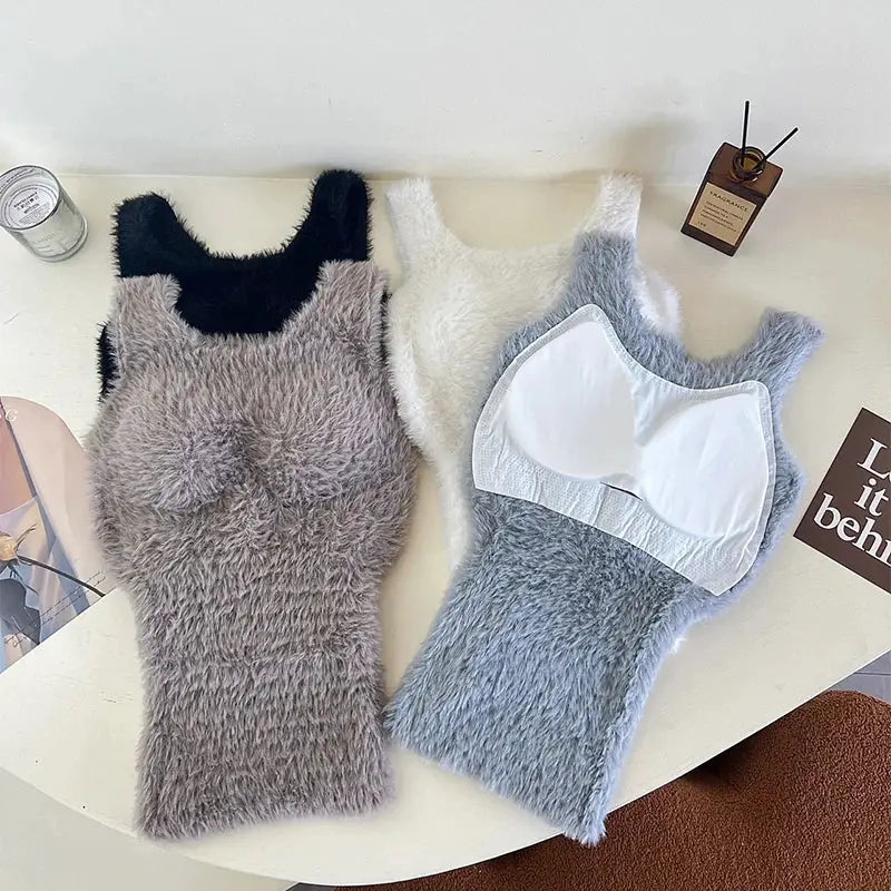 Simples Market girls plush fleece tank tops set, 2-pack in gray-taupe and blue-gray with removable bra pads