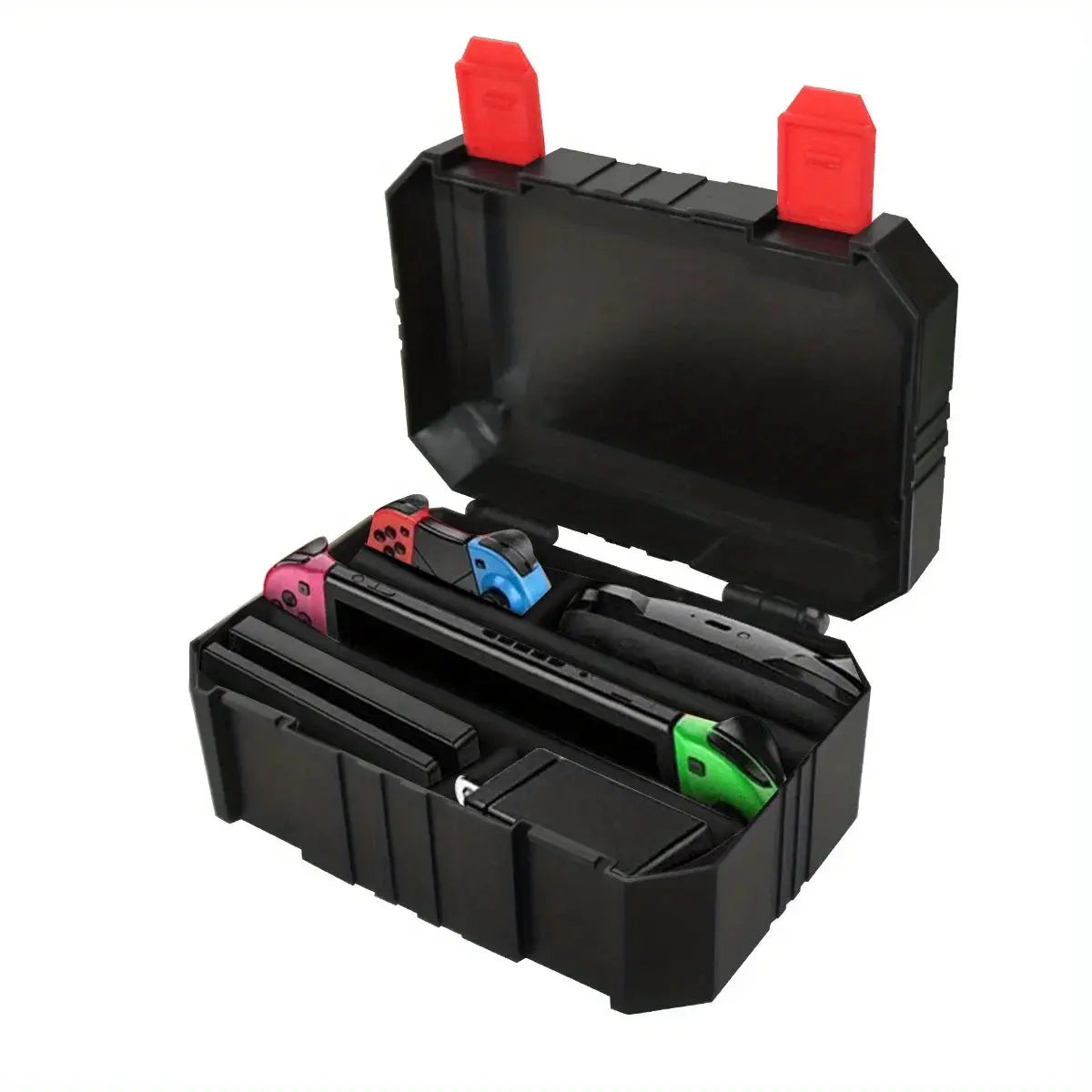 Simples Market plastic tool organizer box, black with red latches, open with compartments and tools.