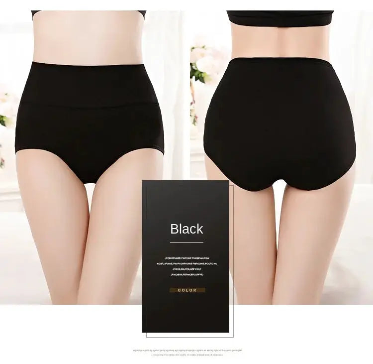 4-piece black high-waist cotton panties for women; plus-size shapewear set with front and back views