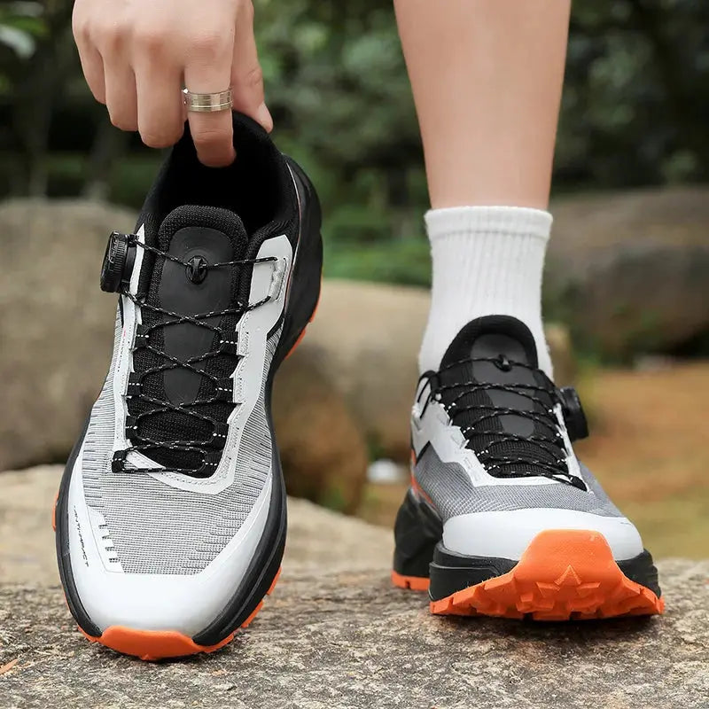 Men's casual sneakers by Simples Market, breathable gray-white athletic trainers with black accents and orange outsoles