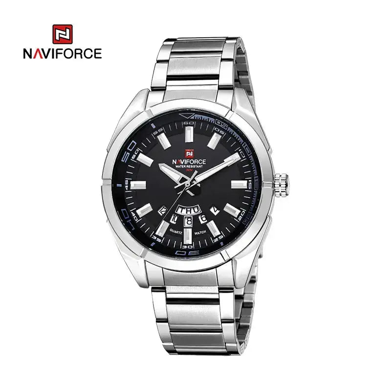 NAVIFORCE men's stainless steel casual watch with black dial and day-date display