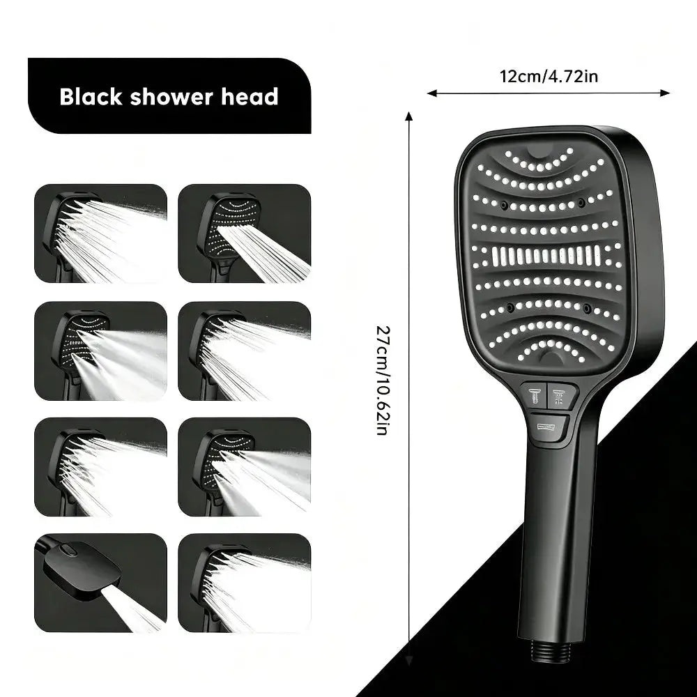 Square handheld black shower head with 8 spray modes, 1 pc