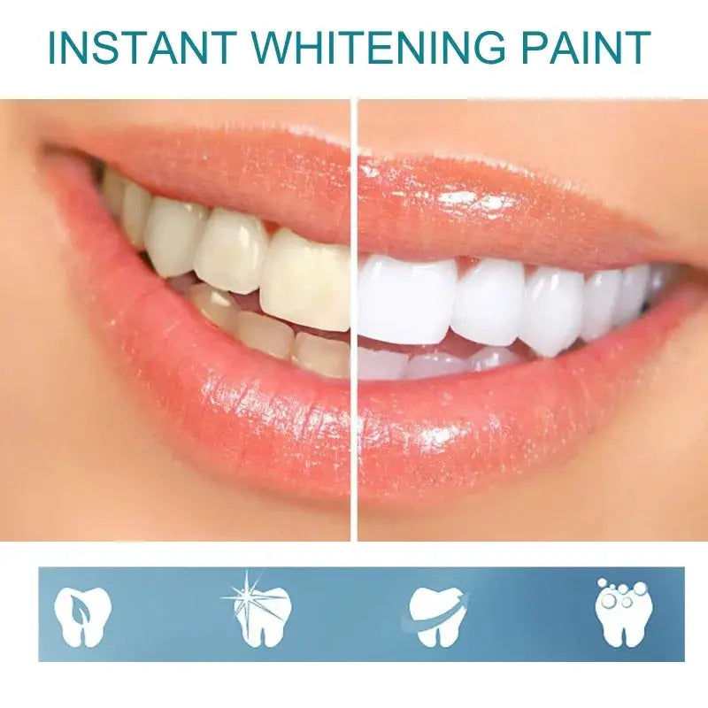 Instant whitening paint by Simples Market; before-and-after close-up of yellowed teeth vs bright white smile.