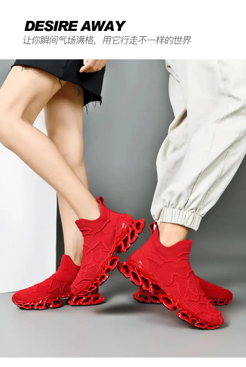 Two red knit sneakers by Simples Market with sculpted hollow outsole, casual men’s shoes