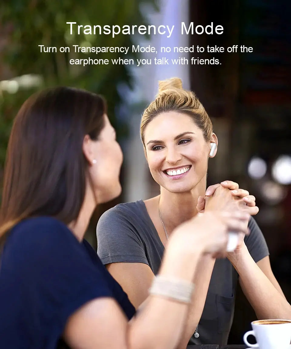 QCY T13 ANC wireless earphones, white in-ear earbuds worn by a smiling woman at a cafe