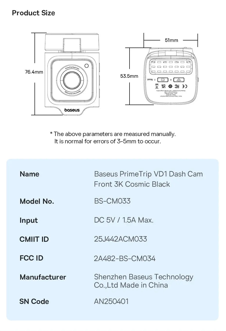 Baseus PrimeTrip VD1 dash cam front and rear, 3K Cosmic Black with Baseus logo and size diagram