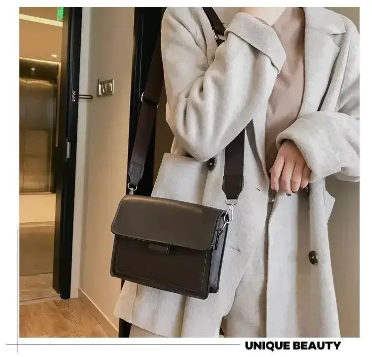 Women PU leather crossbody bag with flap in black, compact messenger style