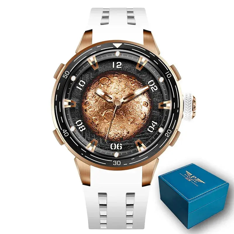 PINDU Design Planet Series Miyota 8215 mechanical watch with rose-gold case and white silicone strap