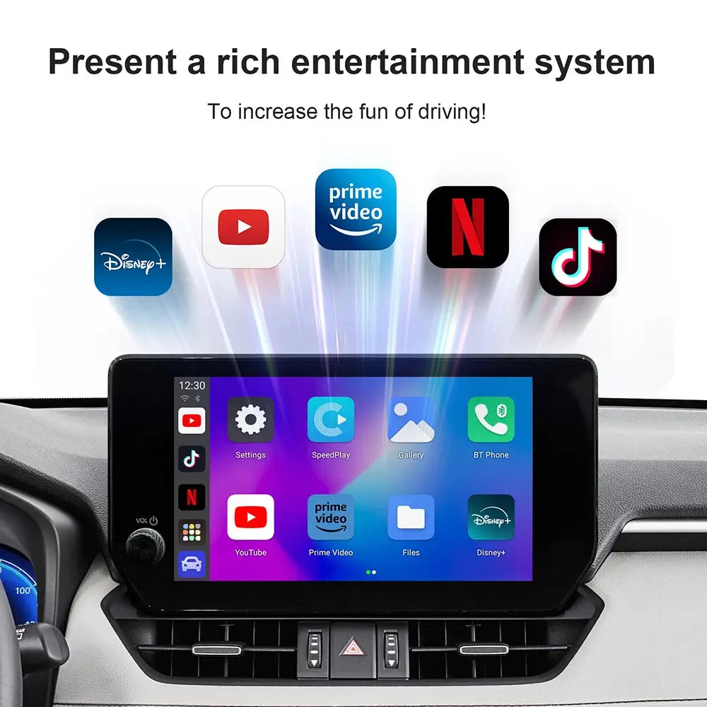 Android 13 car TV box by Simples Market; black dashboard infotainment unit showing streaming apps icons