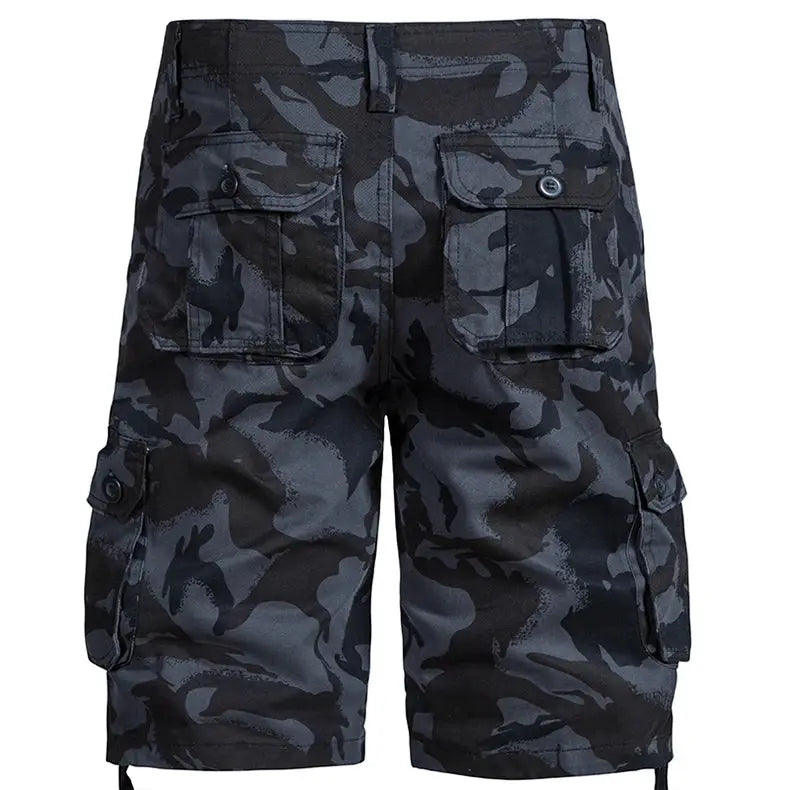 Men's camo cargo shorts in grey-black camouflage with cotton fabric and side and back flap pockets