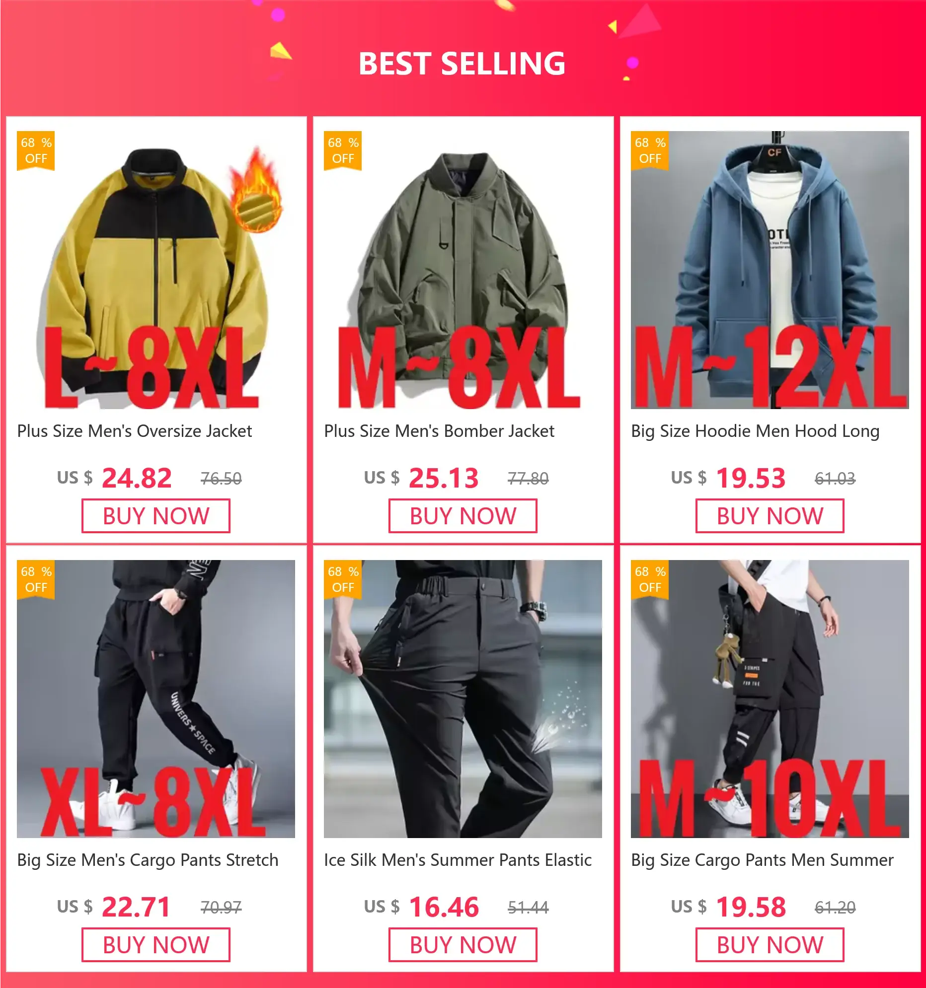 Three men's outerwear: yellow oversized jacket, olive bomber jacket, and blue hoodie.