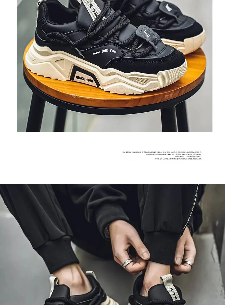 Men's casual sneakers by Simples Market, black low-top skateboard shoes with beige chunky sole, 2 pairs shown.