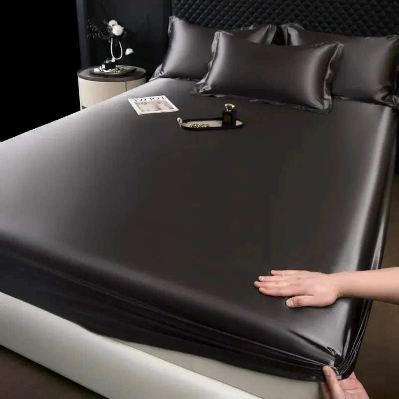Mulberry silk fitted sheet set, 3-piece, black solid color bed linen.