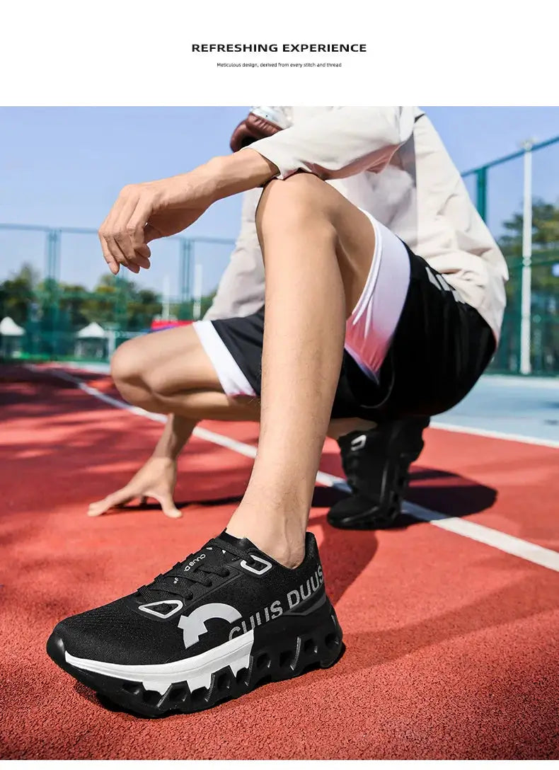Men's black running shoes with breathable mesh and cushioned white sole.