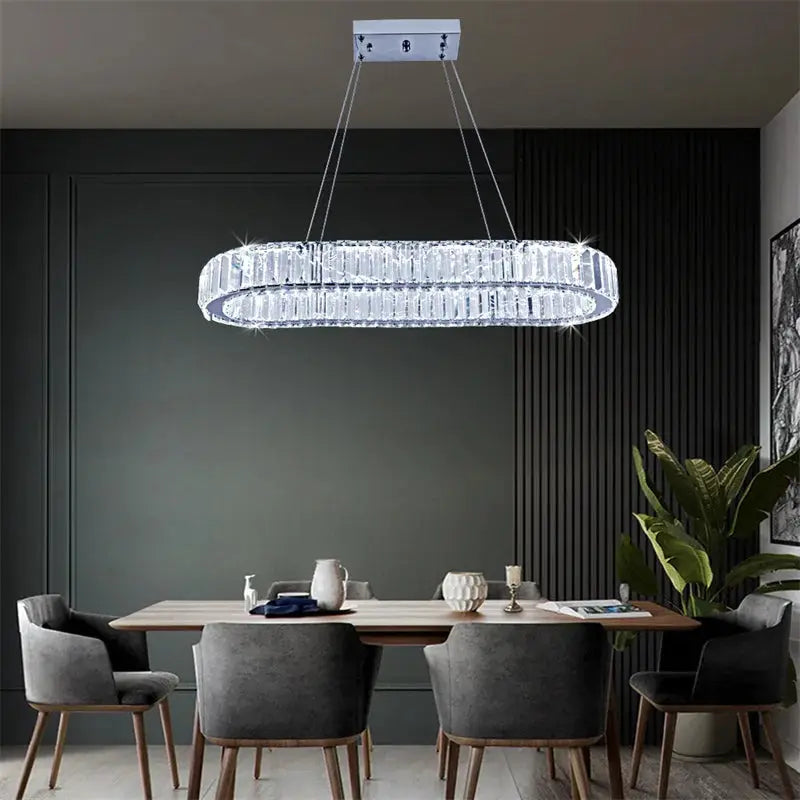 Modern crystal ring chandelier by Simples Market, chrome LED pendant ceiling light with remote dimming
