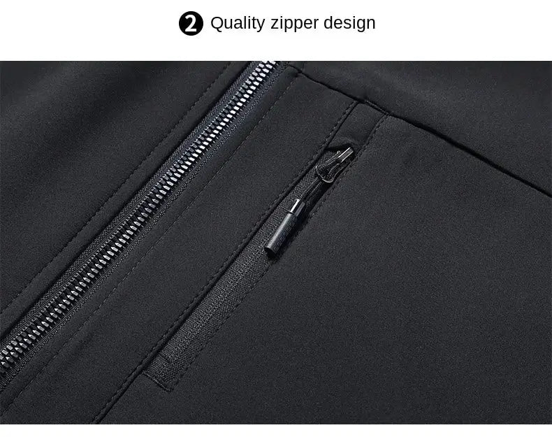 Soft-shell black vest from Simples Market; close-up of zipper pocket, waterproof and windproof sleeveless men's jacket