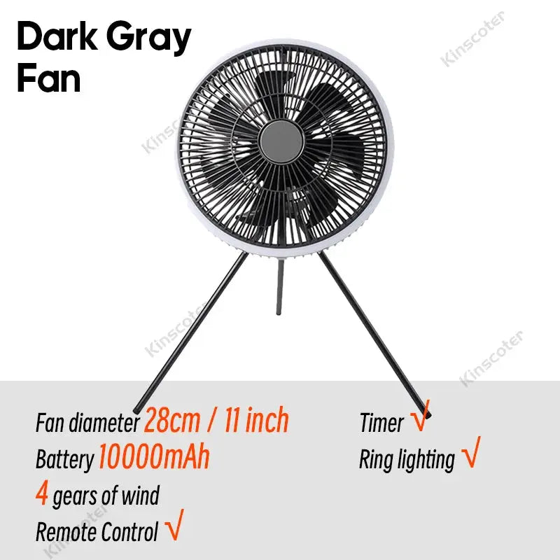 KINSCOTER 11-inch dark gray portable camping fan with 10000mAh battery, remote, timer, 4-speed wind, LED ring light