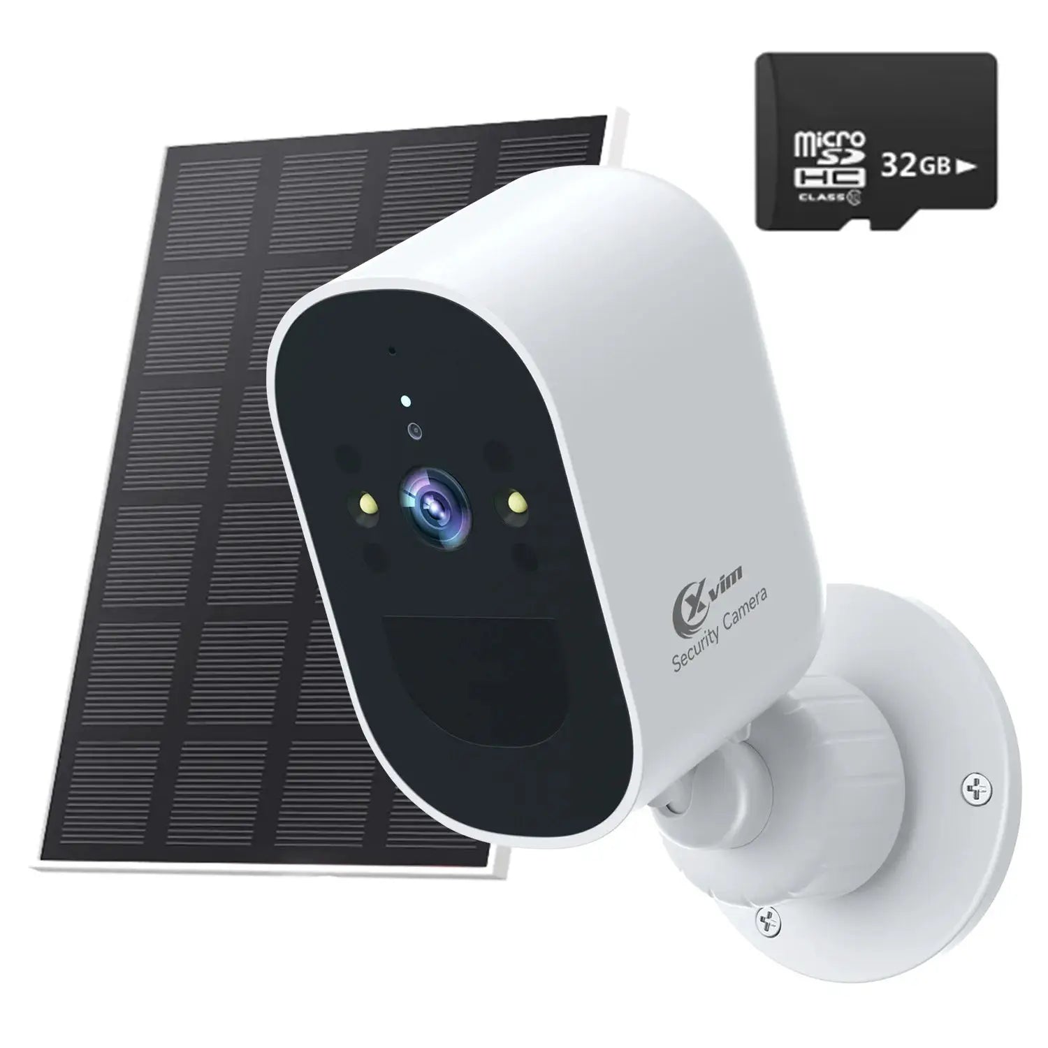 XVIM Solar Security Camera with white housing, black front panel, mounted solar panel, and 32GB microSD card