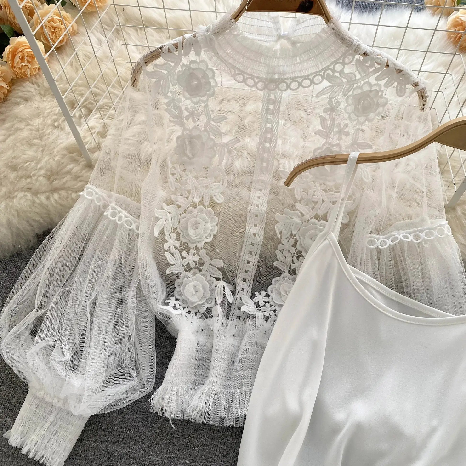 Lace puff long sleeve blouse, white floral lace with applique, by Simples Market