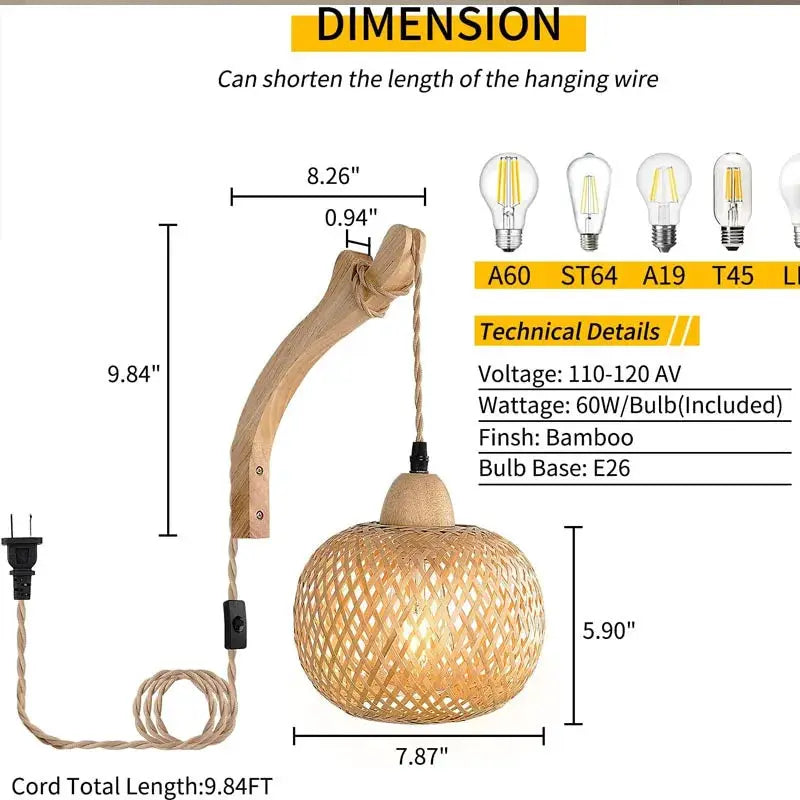 Bamboo Lantern Wall Lamp by Simples Market, natural hand-woven rattan shade with E27 bulb holder; 9.84 in tall, 7.87 in wide.