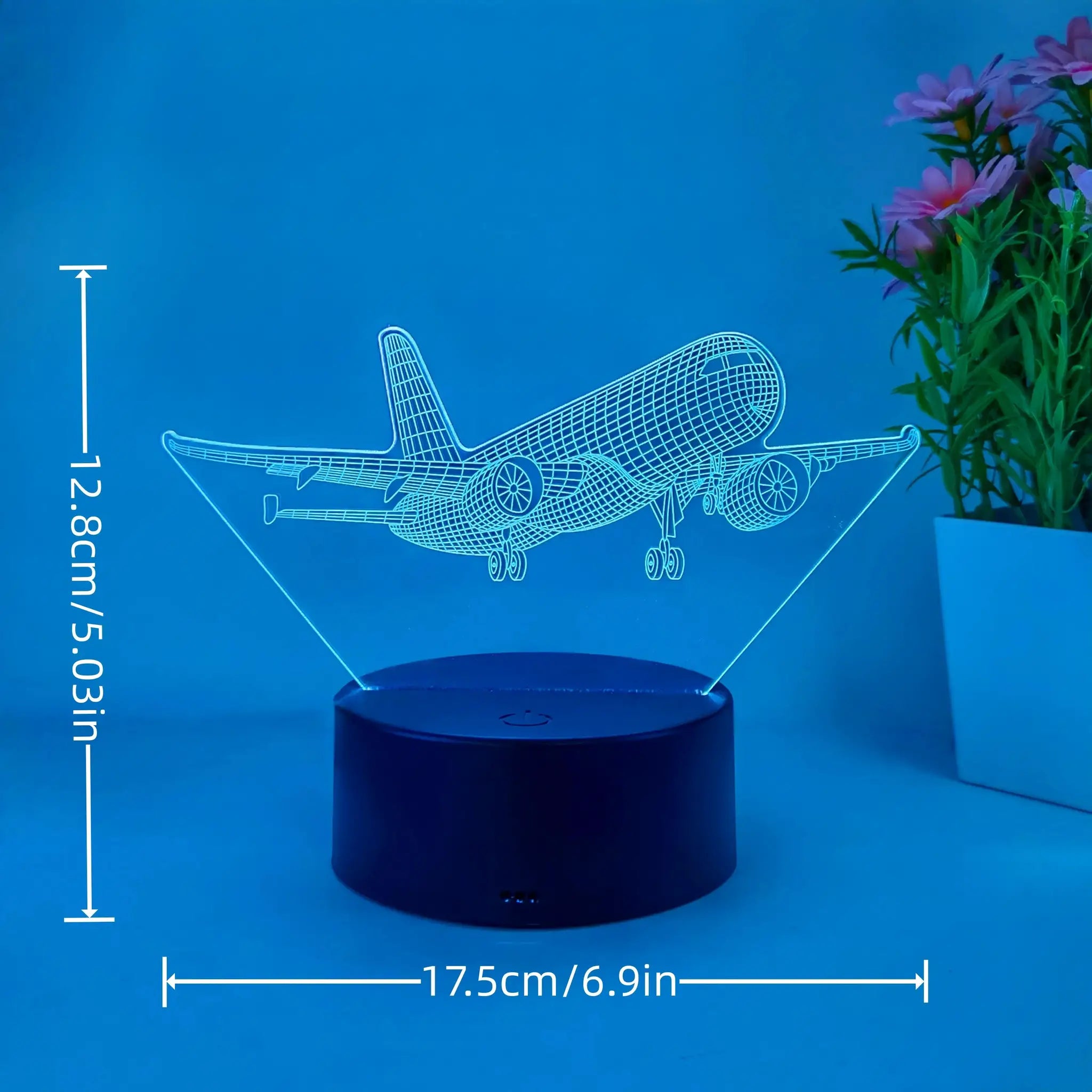 Aircraft model 3D night light with USB, black base, blue backdrop featuring a wireframe airplane.