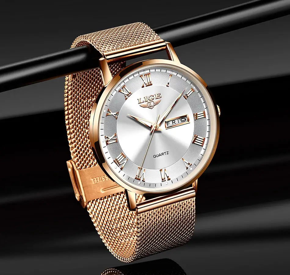 LIGE women's luxury quartz watch with rose-gold steel mesh bracelet, silver dial, Roman numerals, date window