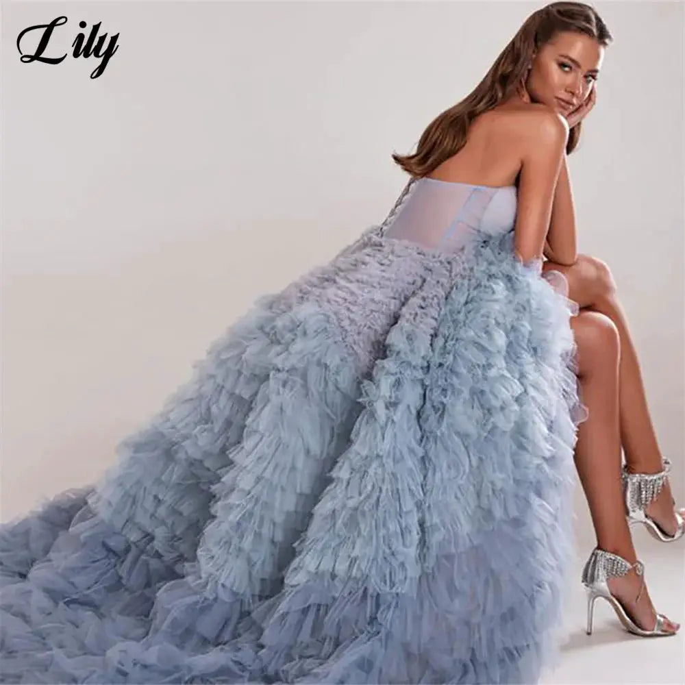 Dusty Blue Sweetheart Evening Dress Sleeveless Net Tiered Prom Dress
