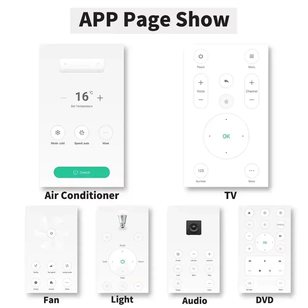 Simples Market Tuya WiFi IR Remote Control with temperature humidity sensor; six app pages for AC, TV, Fan, Light, Audio, DVD