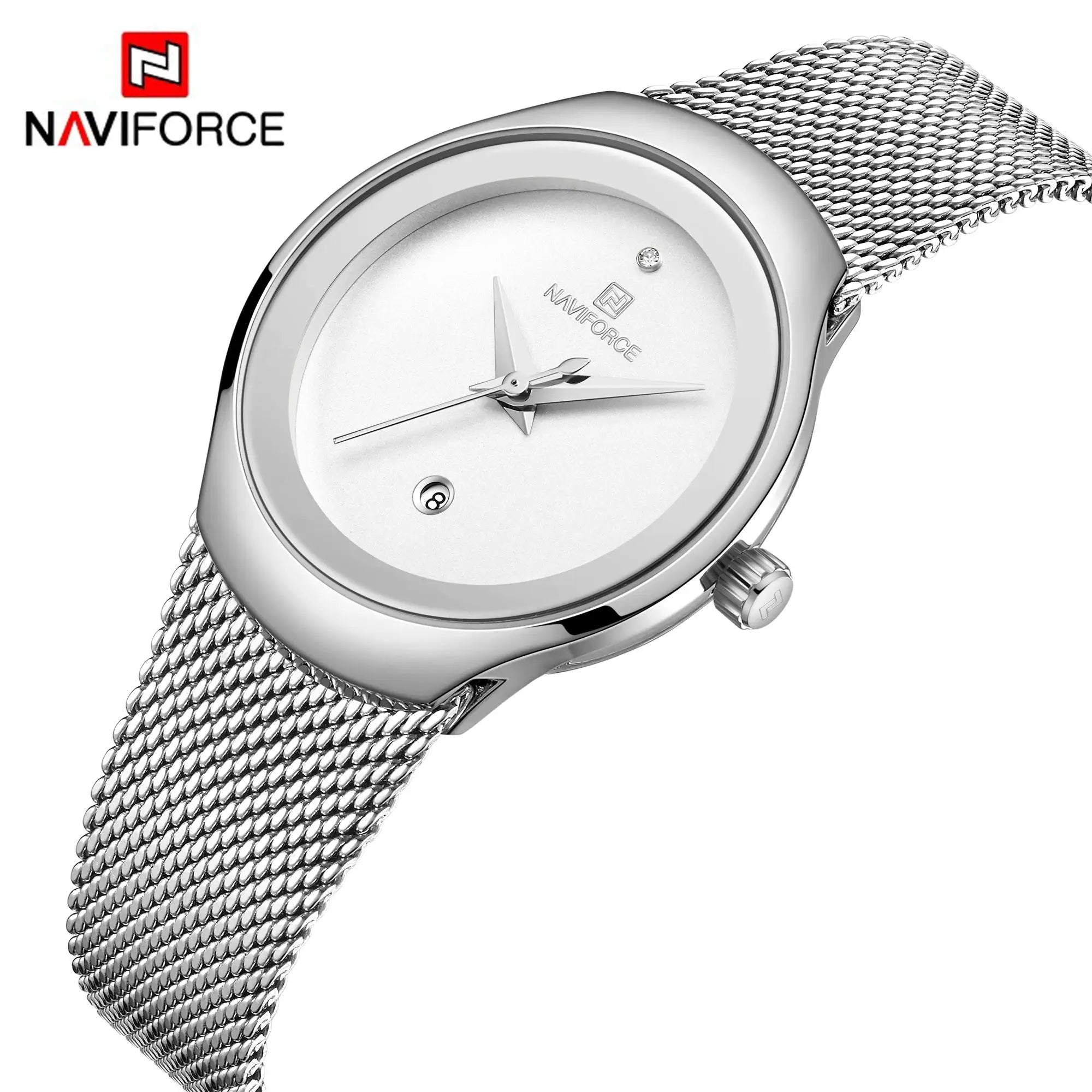 NAVIFORCE women's watch with silver stainless-steel mesh band and minimalist dial