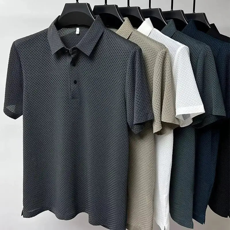 Set of eight men's short-sleeve polo shirts in assorted colors with textured knit fabric