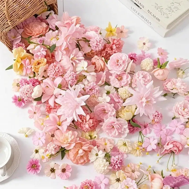 Artificial flower heads, pink mini silk blooms for crafts and wedding decor.