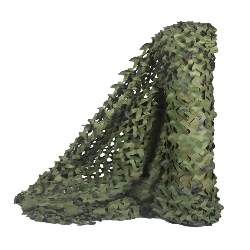 Military camouflage netting, green woodland camo pattern.