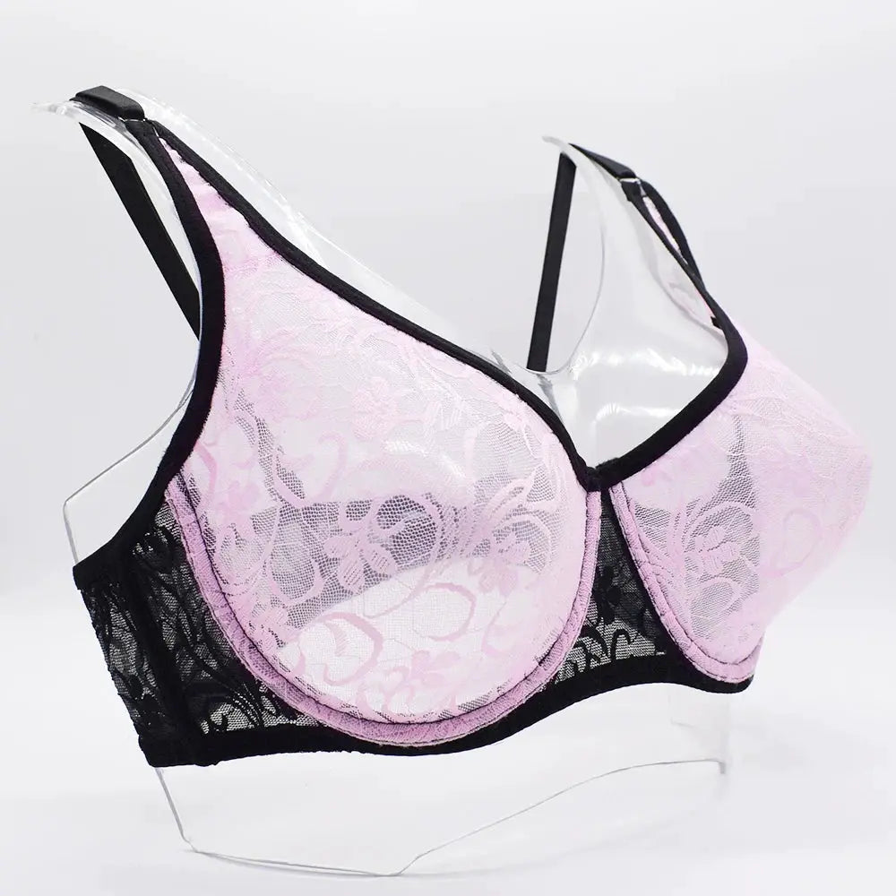 Womens pink lace underwire bra with black trim and floral embroidery