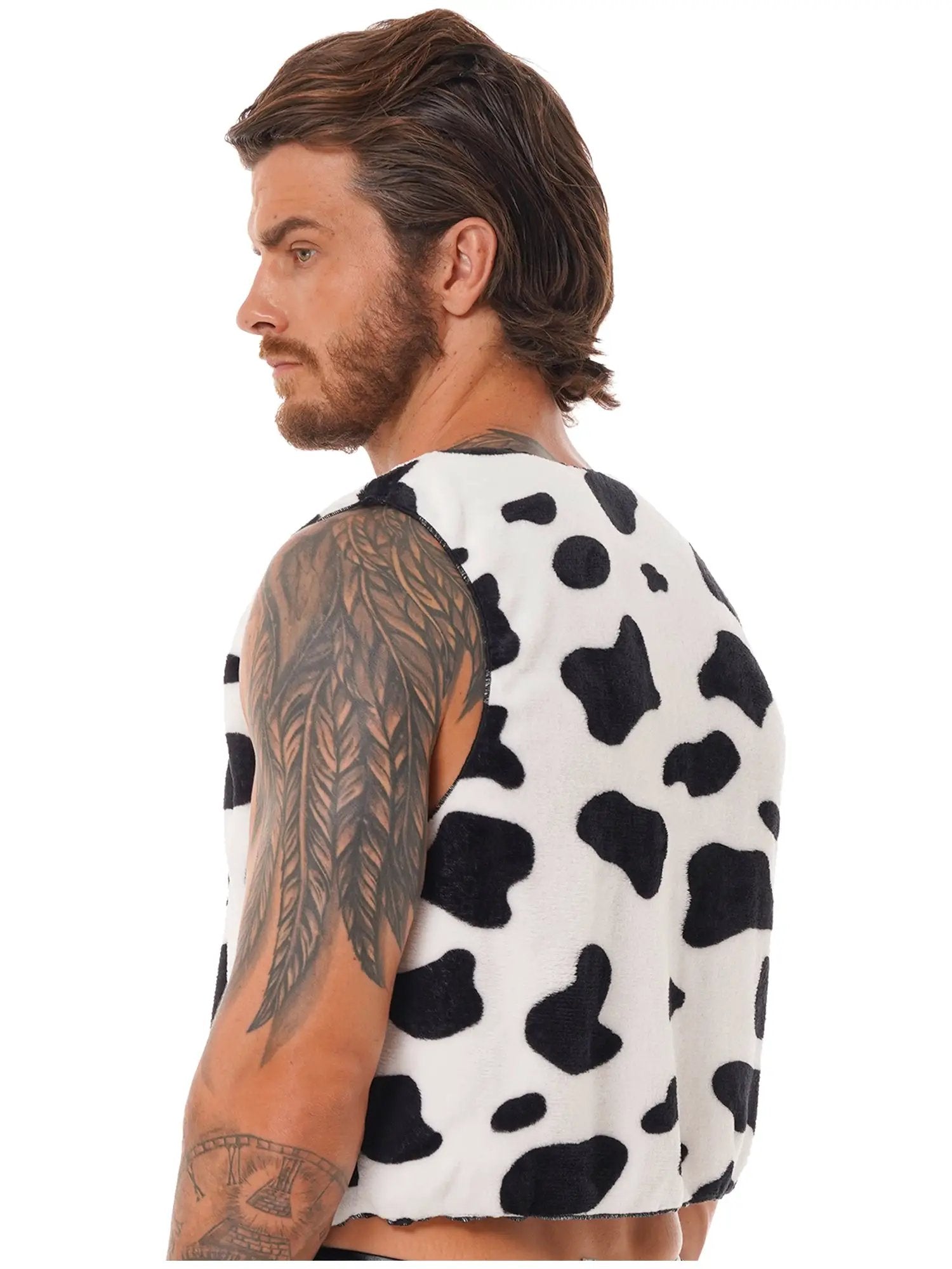 Men's cow-print flannel vest, sleeveless open-front waistcoat in white with black spots for festival costume