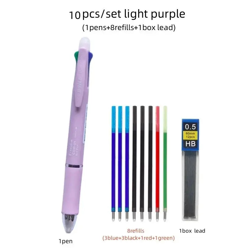 Simples Market 5-in-1 multicolor erasable gel pen set with 8 refills and HB lead, light purple pen