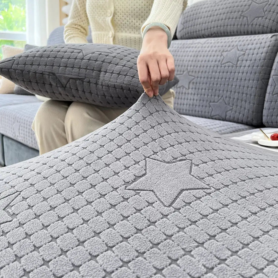 Sofa seat cushion cover; grey jacquard stretch fabric with star pattern, removable and washable.