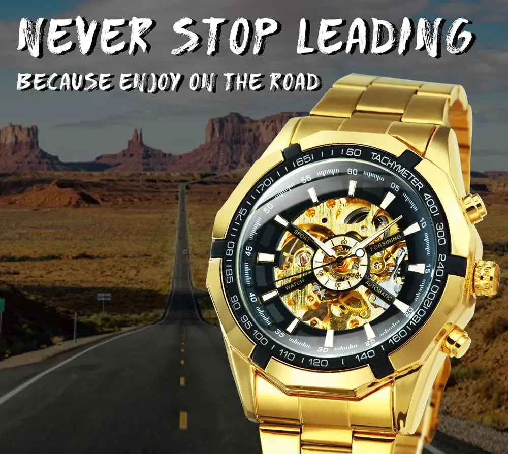 Forsining men's skeleton wristwatch with gold-tone stainless steel strap and luminous hands